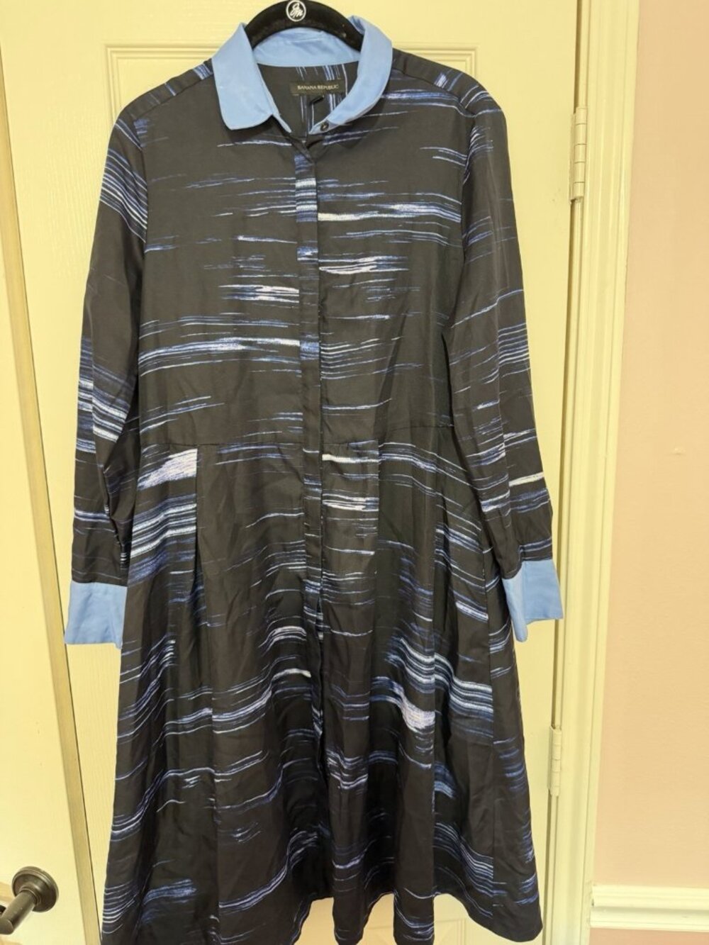 Banana Republic Abstract Black Blue Midi Collared Shirt Dress Size 4